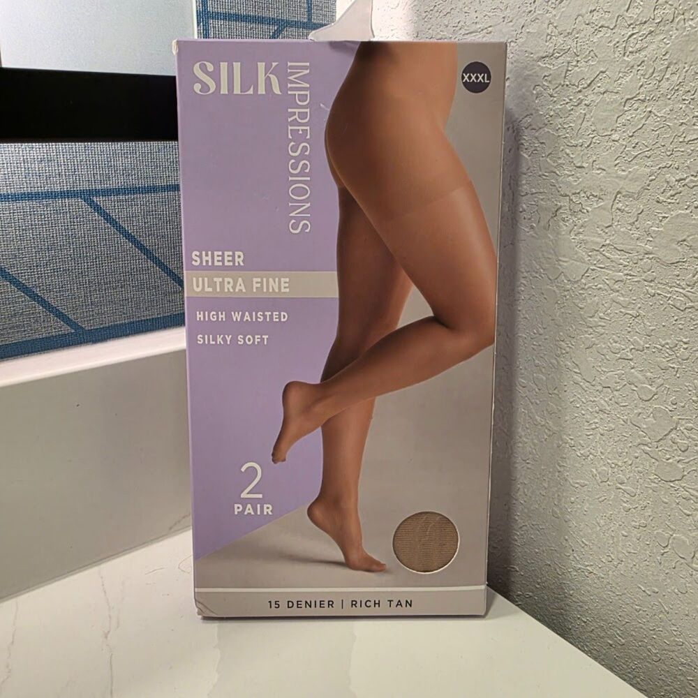 Silk Impressions Womens 2 Pack Ultra Fine Sheer Pantyhose Rich Tan xxl Nib